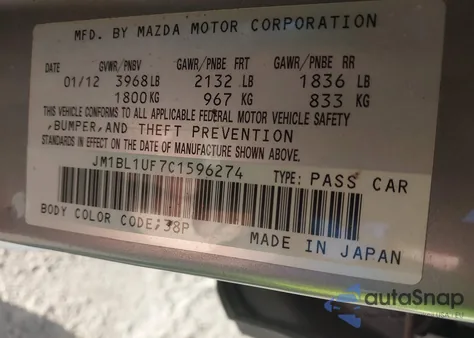 2012 Mazda Mazda3 I Sport from USA, damaged, VIN JM1BL1UF7C1596274